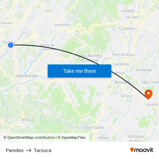 Paredes to Tarouca map