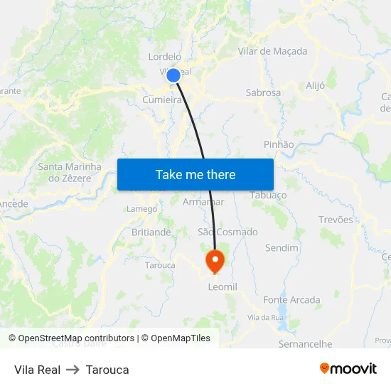 Vila Real to Tarouca map