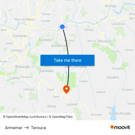 Armamar to Tarouca map
