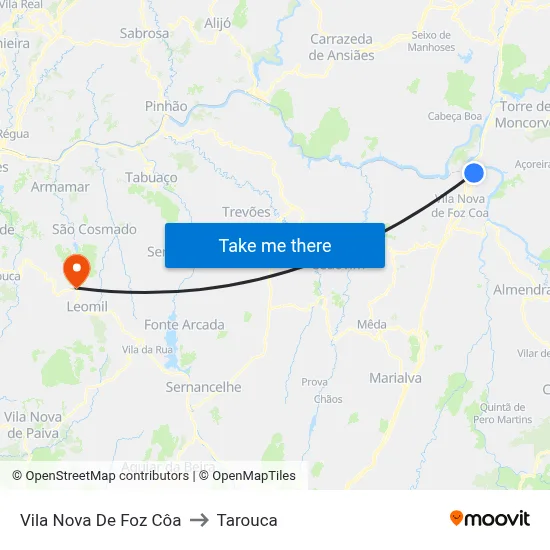 Vila Nova De Foz Côa to Tarouca map