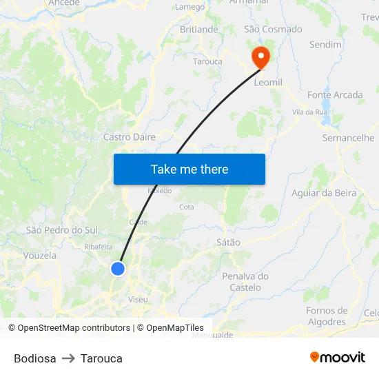 Bodiosa to Tarouca map