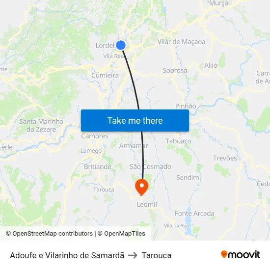 Adoufe e Vilarinho de Samardã to Tarouca map