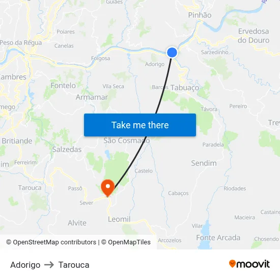 Adorigo to Tarouca map