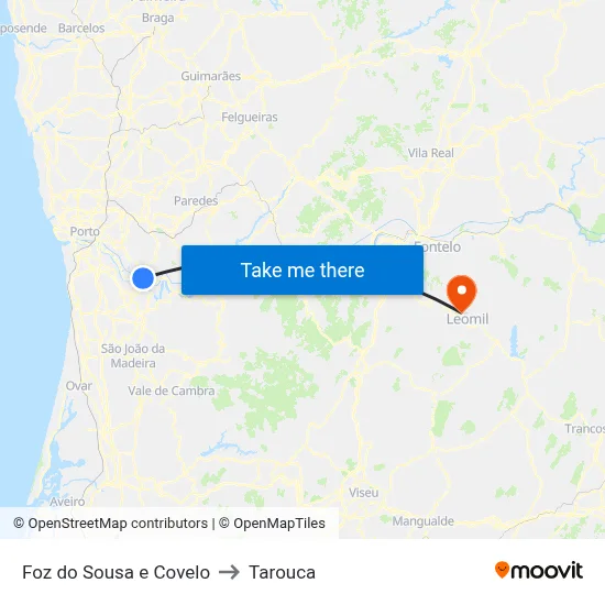 Foz do Sousa e Covelo to Tarouca map