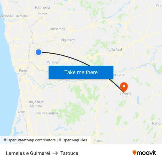 Lamelas e Guimarei to Tarouca map