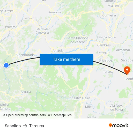 Sebolido to Tarouca map