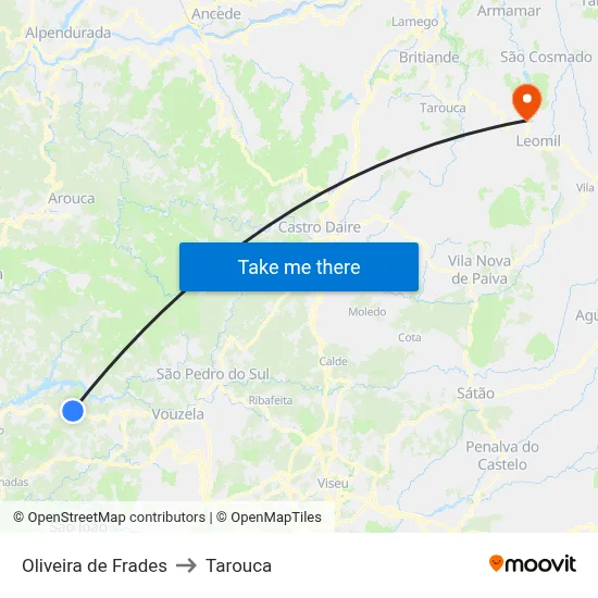 Oliveira de Frades to Tarouca map