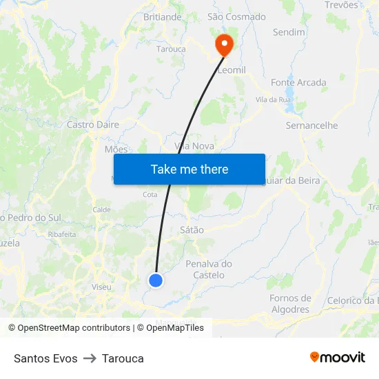 Santos Evos to Tarouca map