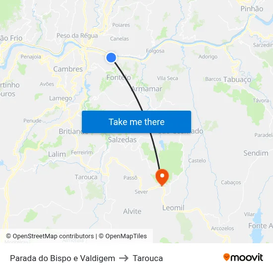 Parada do Bispo e Valdigem to Tarouca map