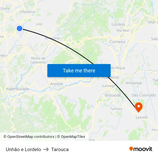 Unhão e Lordelo to Tarouca map