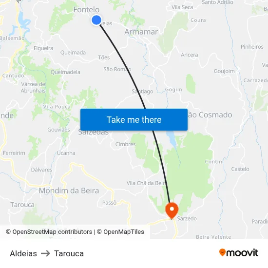 Aldeias to Tarouca map
