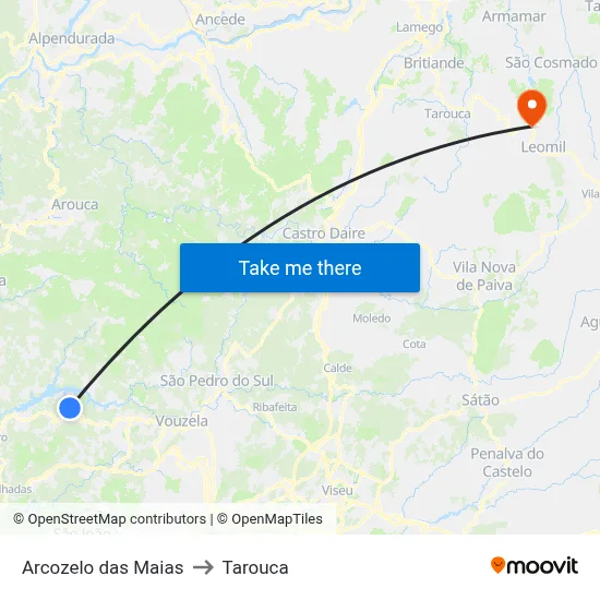 Arcozelo das Maias to Tarouca map