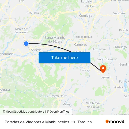 Paredes de Viadores e Manhuncelos to Tarouca map