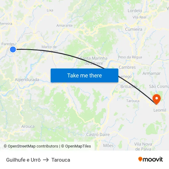 Guilhufe e Urrô to Tarouca map