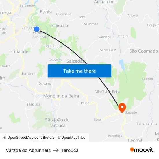Várzea de Abrunhais to Tarouca map