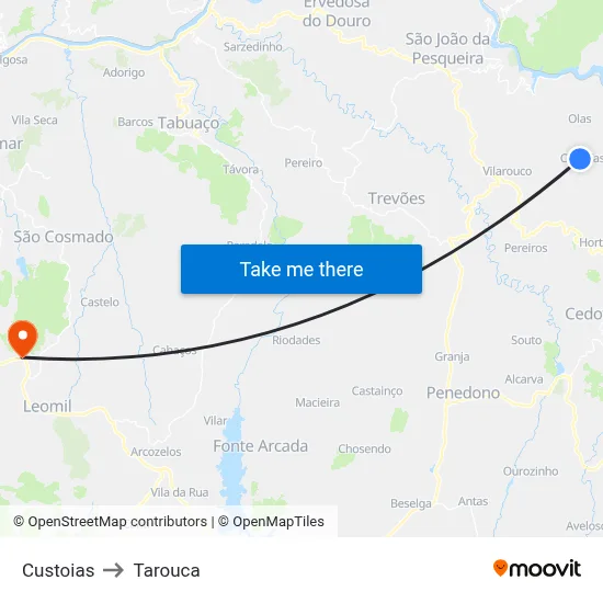 Custoias to Tarouca map