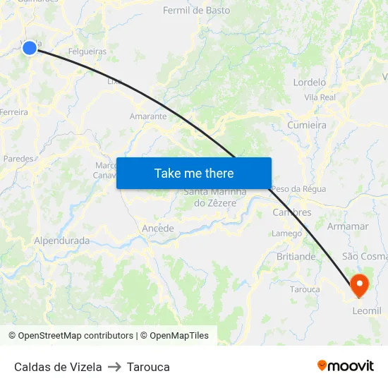 Caldas de Vizela to Tarouca map