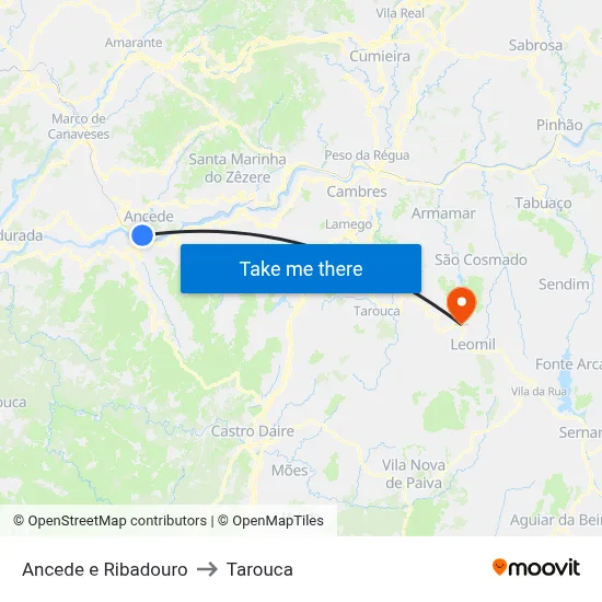 Ancede e Ribadouro to Tarouca map