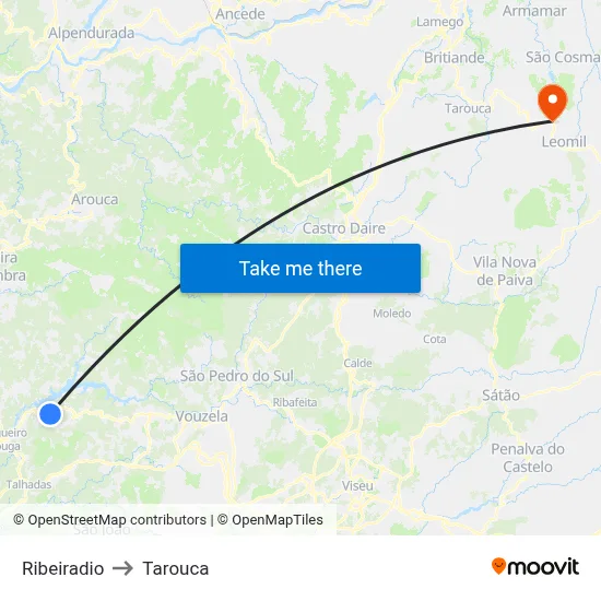 Ribeiradio to Tarouca map