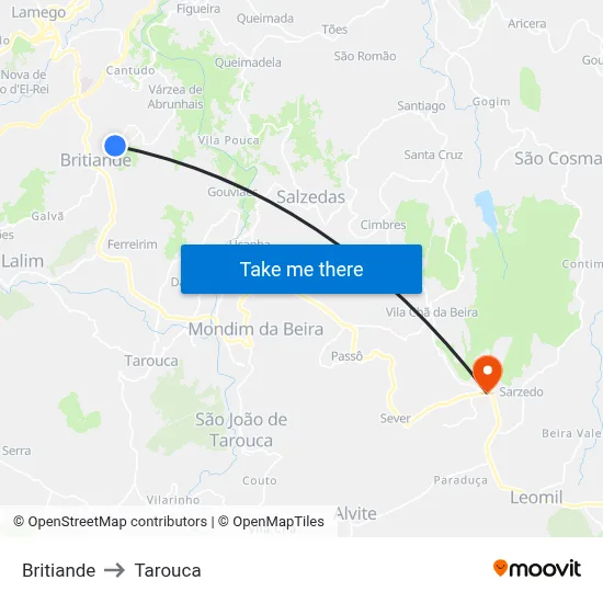Britiande to Tarouca map