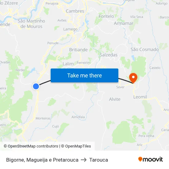Bigorne, Magueija e Pretarouca to Tarouca map