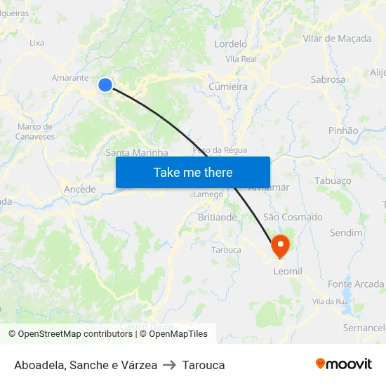 Aboadela, Sanche e Várzea to Tarouca map