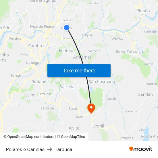 Poiares e Canelas to Tarouca map