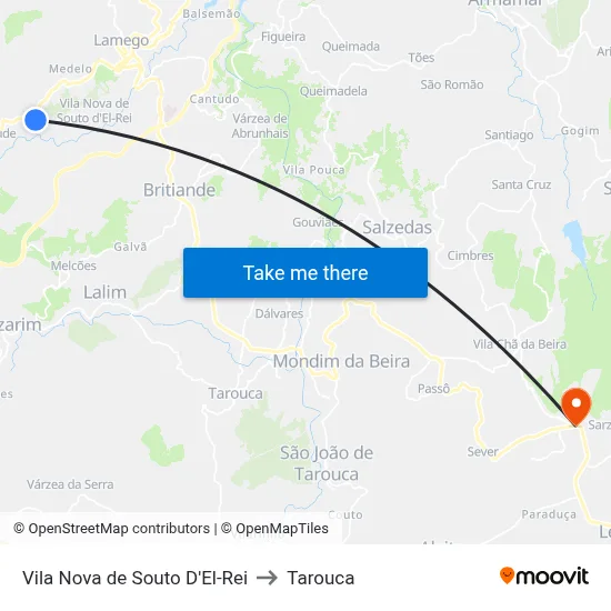 Vila Nova de Souto D'El-Rei to Tarouca map