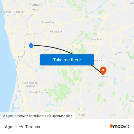 Agrela to Tarouca map