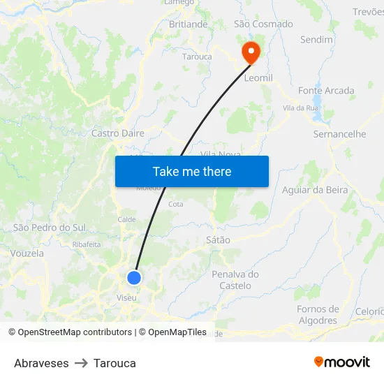 Abraveses to Tarouca map
