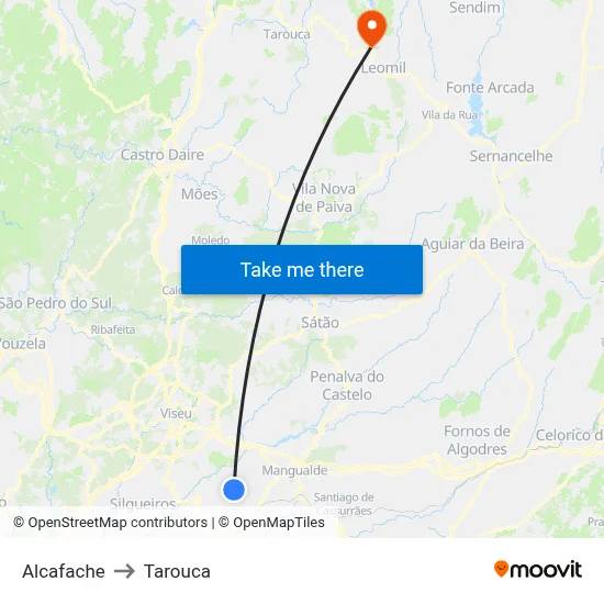 Alcafache to Tarouca map