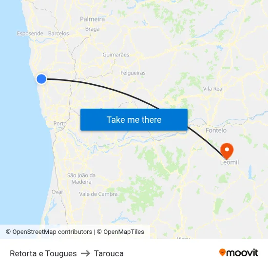Retorta e Tougues to Tarouca map