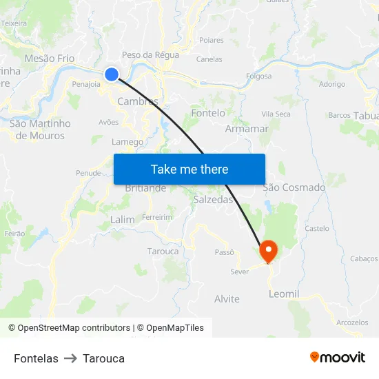 Fontelas to Tarouca map