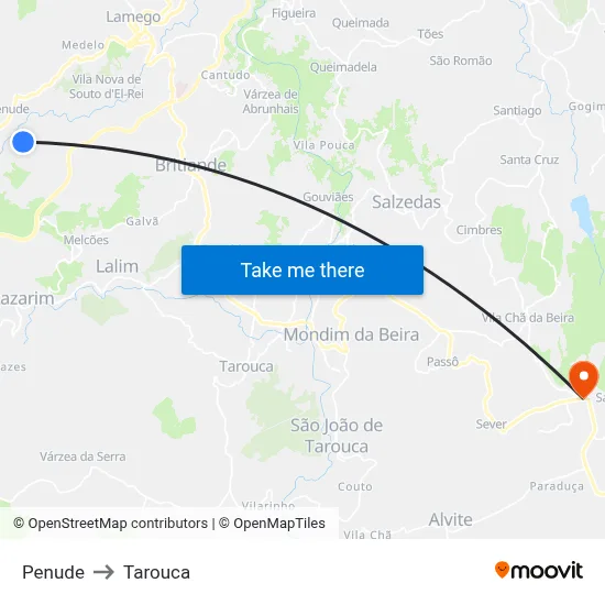 Penude to Tarouca map