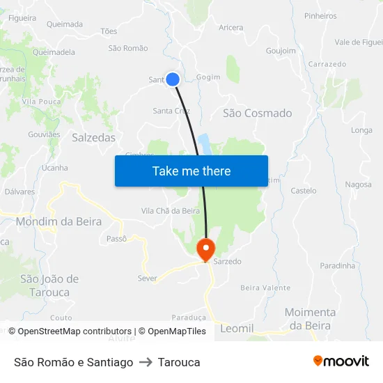 São Romão e Santiago to Tarouca map