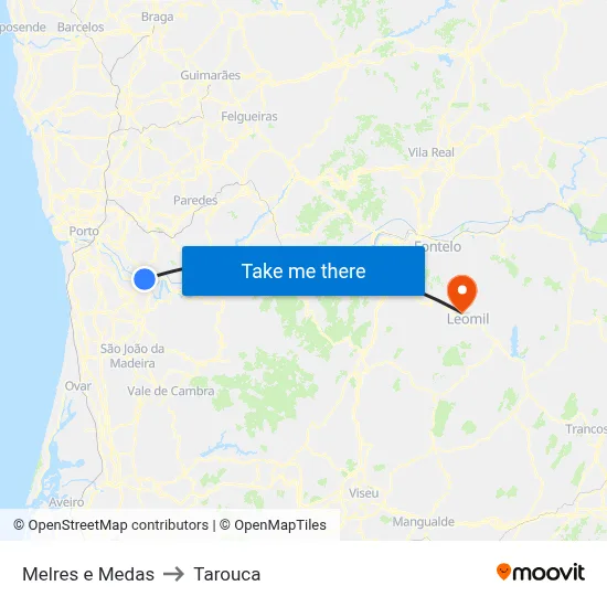 Melres e Medas to Tarouca map