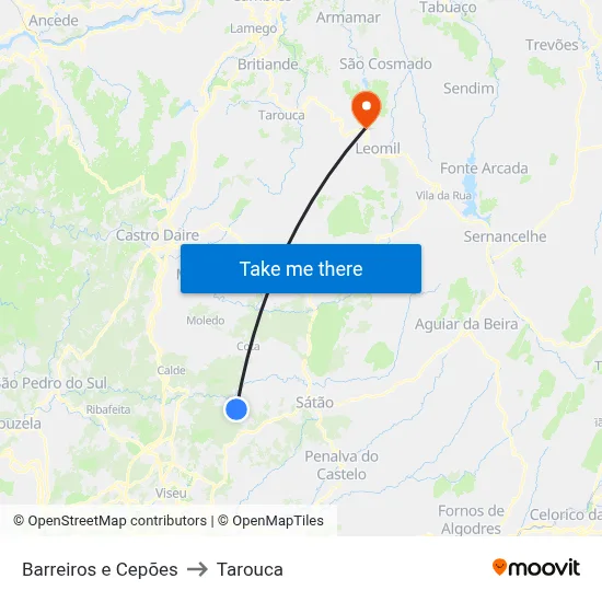 Barreiros e Cepões to Tarouca map