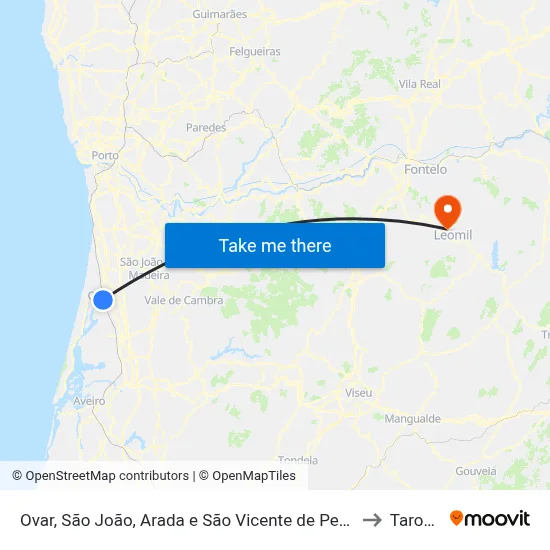 Ovar, São João, Arada e São Vicente de Pereira Jusã to Tarouca map