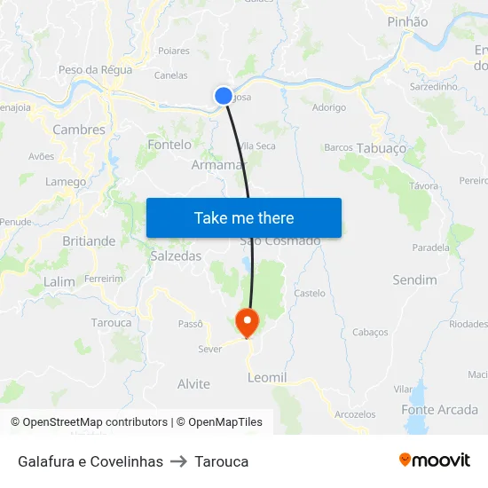 Galafura e Covelinhas to Tarouca map