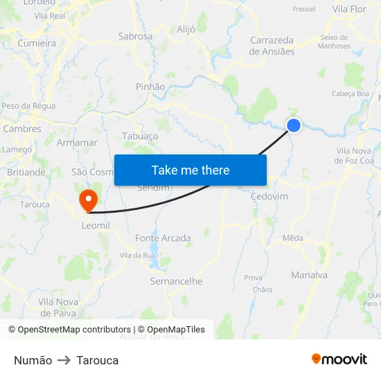 Numão to Tarouca map