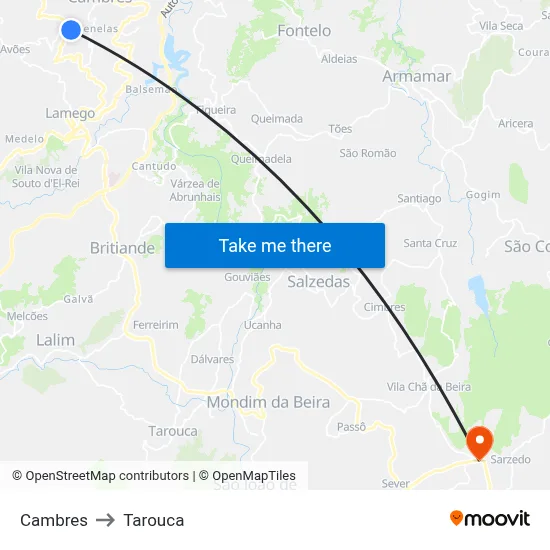 Cambres to Tarouca map