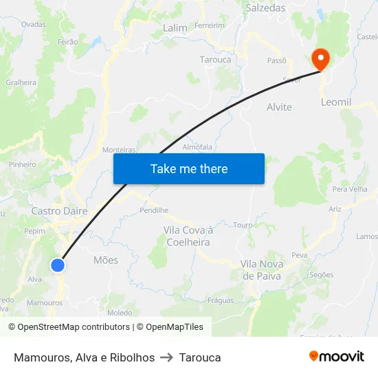 Mamouros, Alva e Ribolhos to Tarouca map