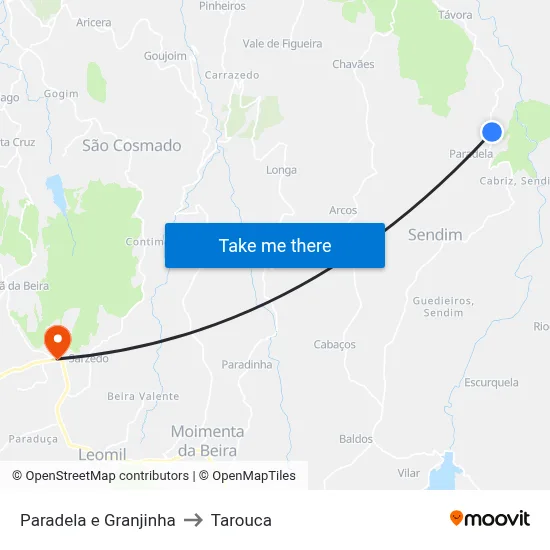 Paradela e Granjinha to Tarouca map