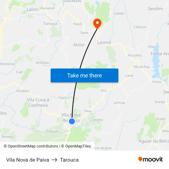Vila Nova de Paiva to Tarouca map