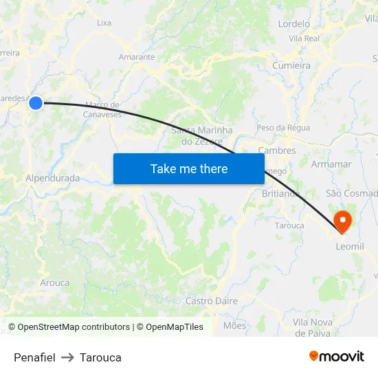 Penafiel to Tarouca map