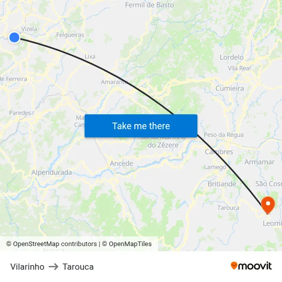 Vilarinho to Tarouca map