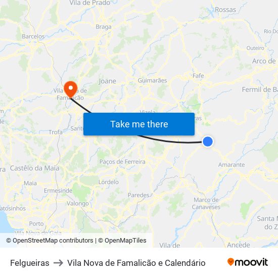 Felgueiras to Vila Nova de Famalicão e Calendário map