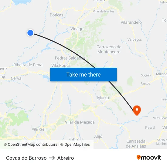 Covas do Barroso to Abreiro map