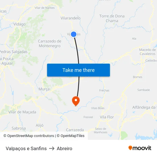 Valpaços e Sanfins to Abreiro map