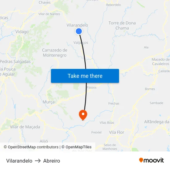 Vilarandelo to Abreiro map